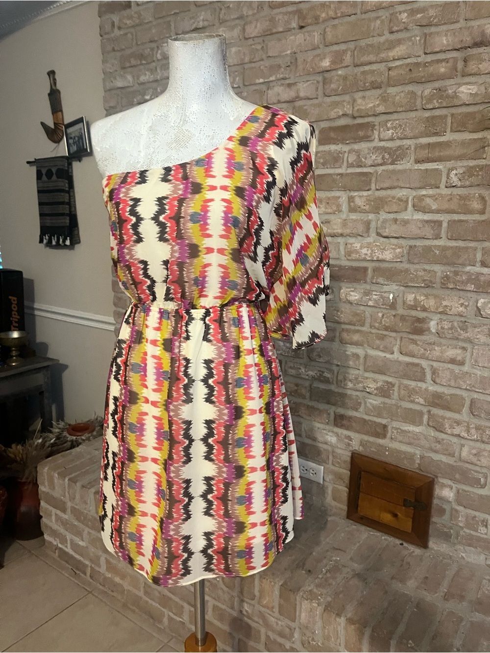 One Shoulder Abstract Print Dress | Multicolor | Size S